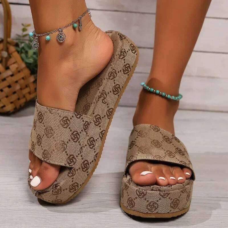 Summer New Round Toe Non-slip for Fashion Flower Khaki Flat Women Beach Sandals Slippers