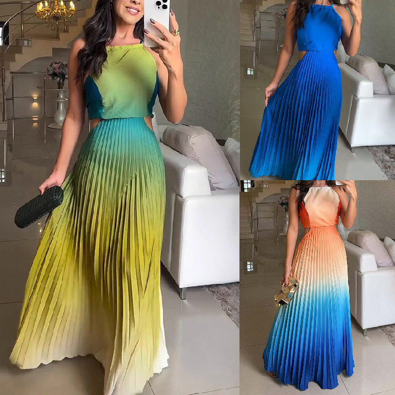 New European and American sleeveless trend pleated backless gradient dress for summer 2025, new designer dress