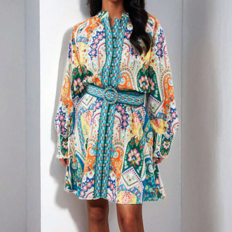 Women's Court Style Vacation With Stand Collar, Lantern Sleeves, Pleated Print, Waist-Cinching Design, Spring Dress B5