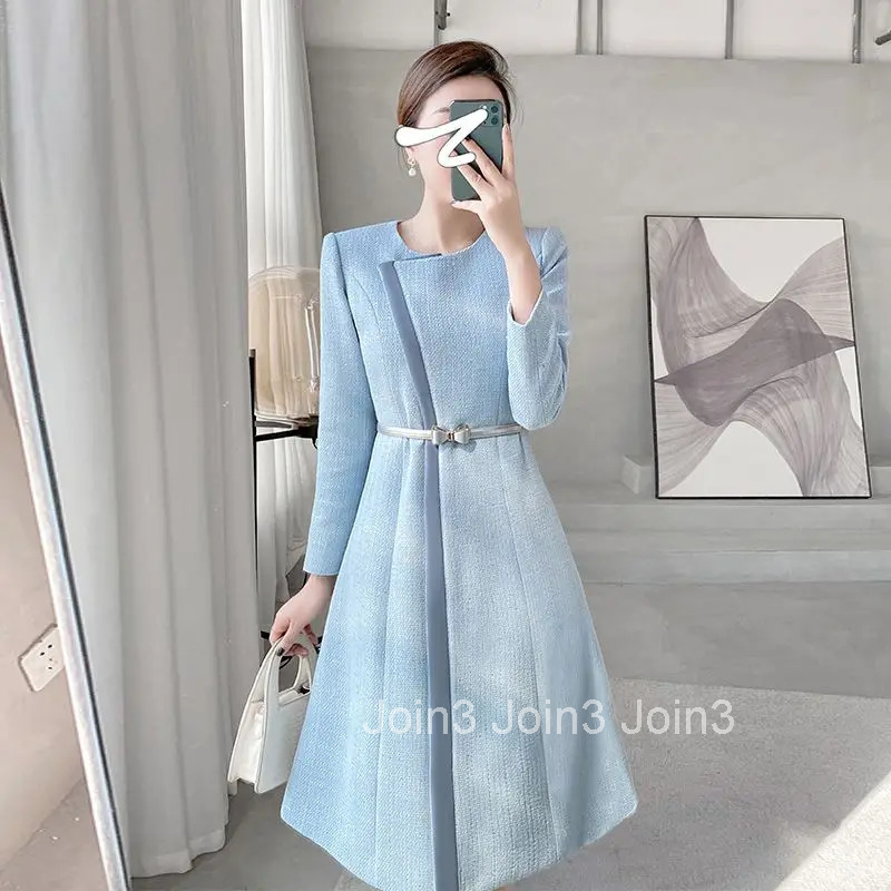 Autumn/Winter High End Temperament Blue A-line Elegant Dress Socialite Commuting Belted Waist Slimming Maxi Dress for Women