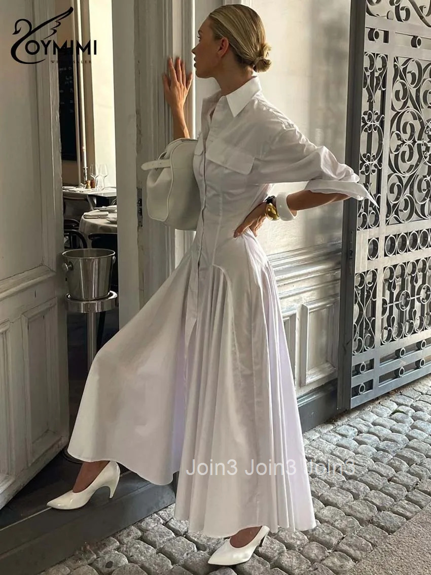 Elegant White Lapel Womens Dress Fashion Three Quarter Sleeve Pockets Dresses Casual Button Pleated Ankle-Length Dresses