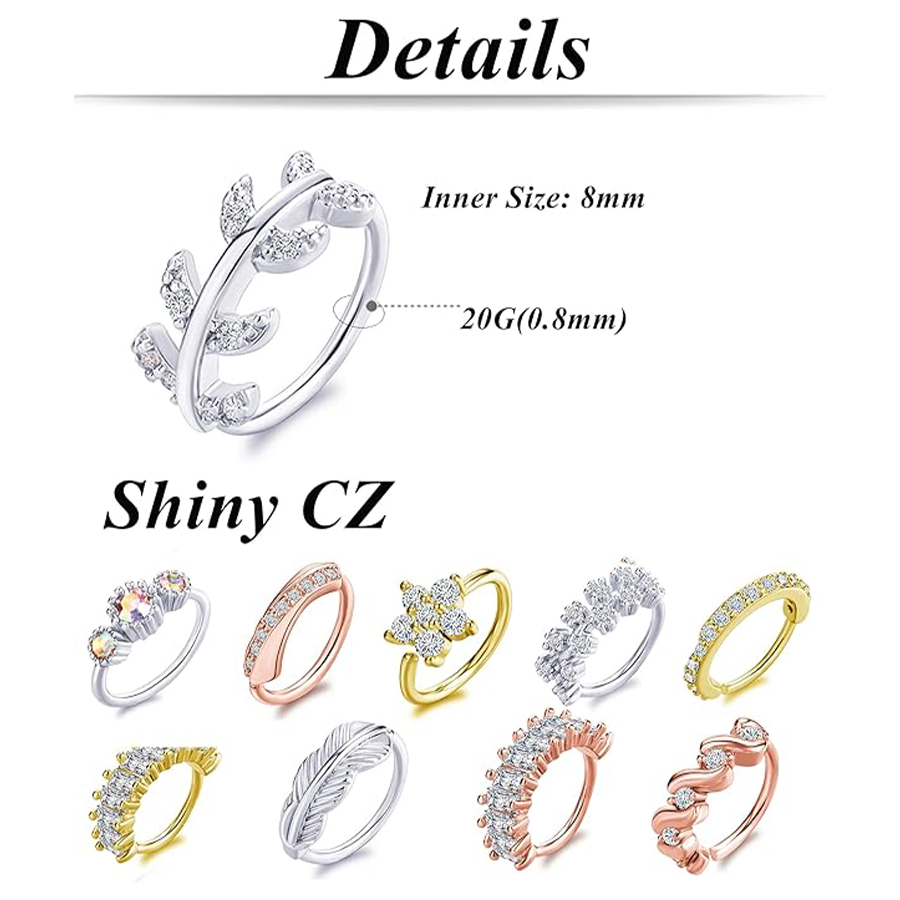 10Pcs Nose Ring Hoop Paved Flower Leaf Feather CZ Cartilage Earrings Nose Piercing Jewelry for Women Men Silver Gold Rose Gold Tone 20G