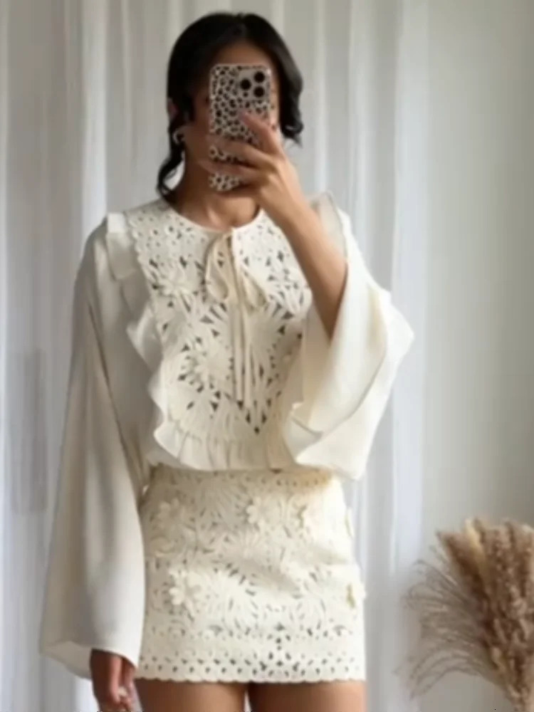 Chic Flared Sleeves O Neck Loose Lace Up Shirt Mini Skirts Elegant Floral Embroidered Skirt Set for Women Summer Lady 2 Pcs Suit 250804