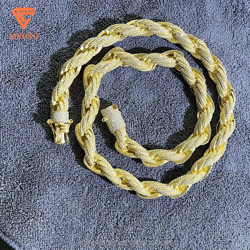 Mens 925 Silver Gold Plated Vvs Moissanite Diamond Necklace 10mm Iced Out Rope Chain Hip Hop Style Jewelry