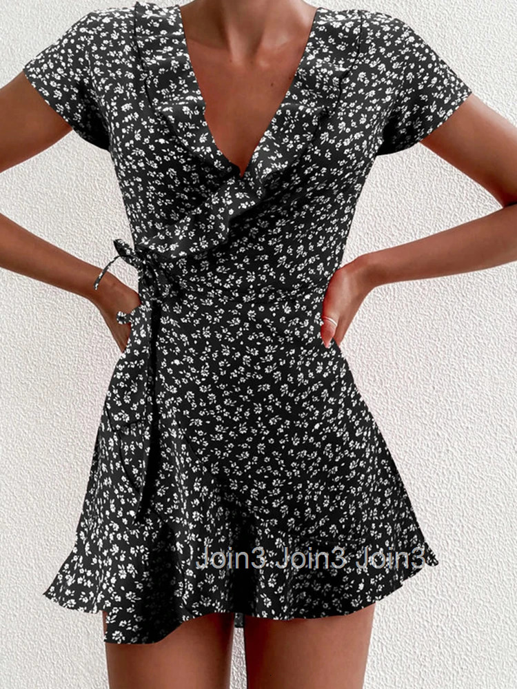 Summer Womens Floal A-Line Dress Sweet Elegant Floral Ruffles V-neck Bandage Short Dress for Lady Chic Flowers Mini Dress
