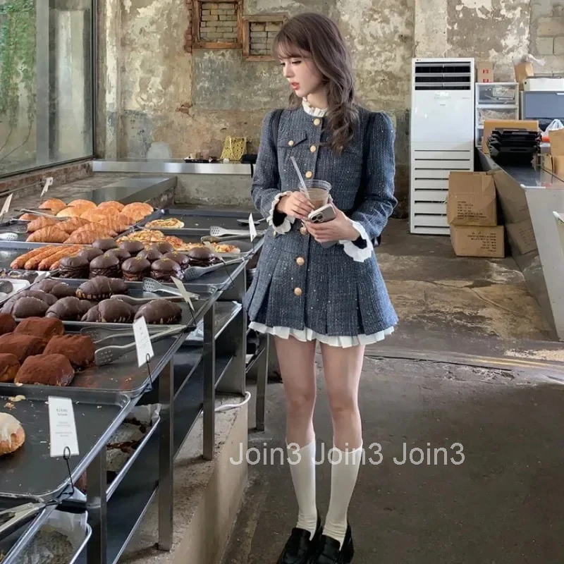 French Tweed Splice Pleated Dress Women Korean Flounce Single Breasted Fashion Shiny Temperament Gentle Waist Slim Spring Wear