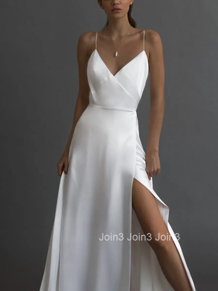 Elegant White Satin Evening Long Party Dress Women Sexy Slip Deep V Neck High Split Backless Maxi Summer Dresses for Women