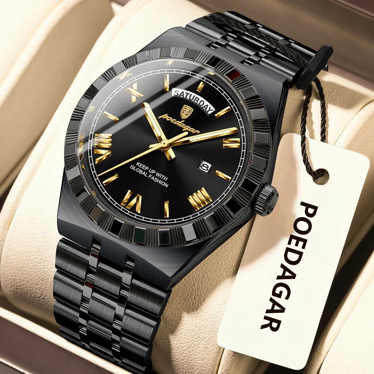 POEDAGAR Sports Men Wrist Week Date Stainless Steel Casual Men Luminous Waterproof Quartz Fashion Mens Watch W250806