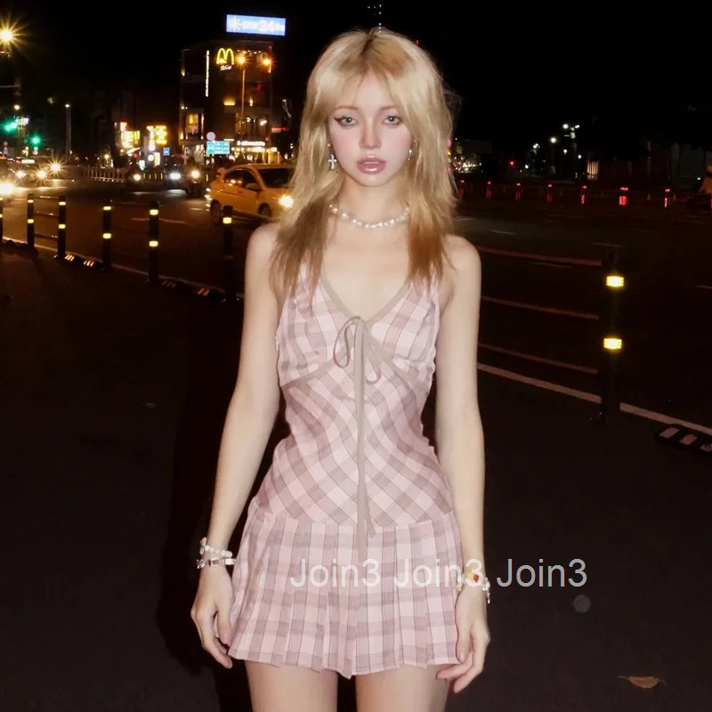 WhereMery Fashion Plaid Halter Dress Y2K Women High-waist Lace-up V-Neck Sleeveless Mini Dresses Sexy Summer Party Club Vestidos