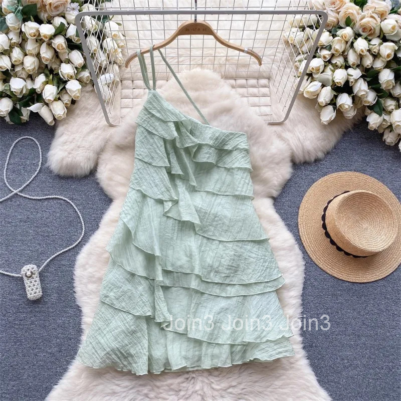 Summer Fashion Elegant Dresses for Women One Shoulder Flounced Edge Sleeveless Skinny Dress French Chic Female Vestidos Dropship