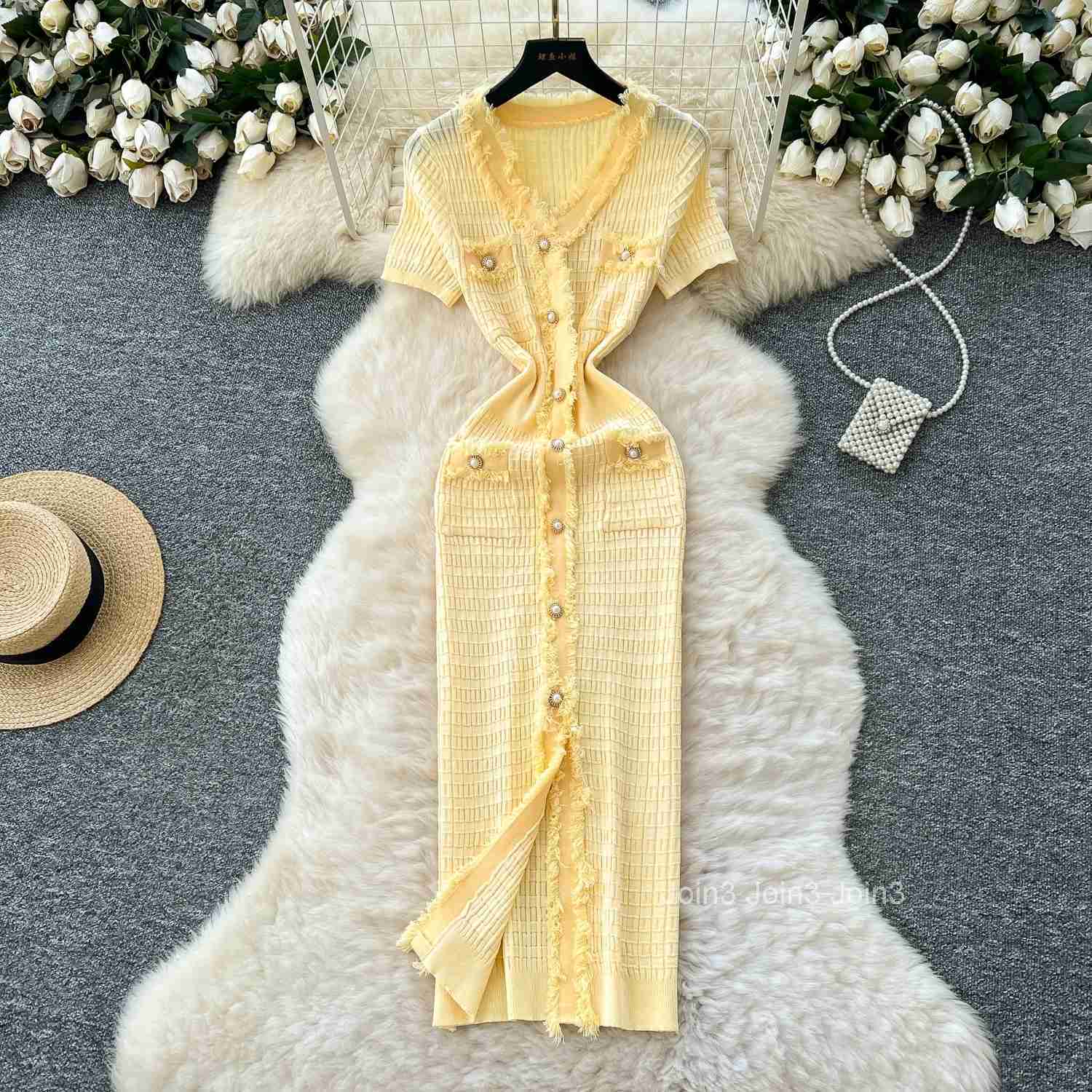 Womens Fashion V-Neck Button Knit Sweater Dress Summer Elegant Short Sleeve Solid Color Midi Casual Sheath Dress Yellow