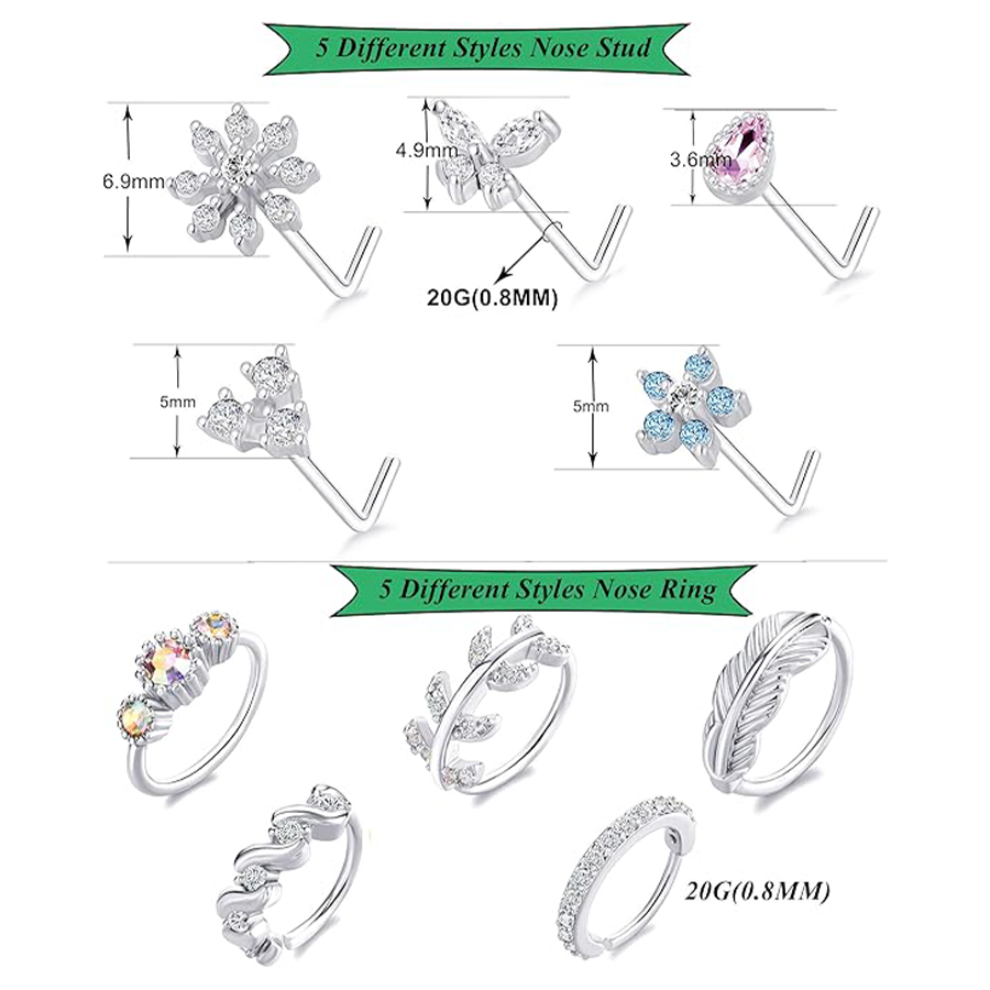 10Pcs Nose Ring Hoop Paved Flower Leaf Butterfly Feather CZ Cartilage Earrings Nose Piercing Jewelry for Women Men Silve Tone 20G
