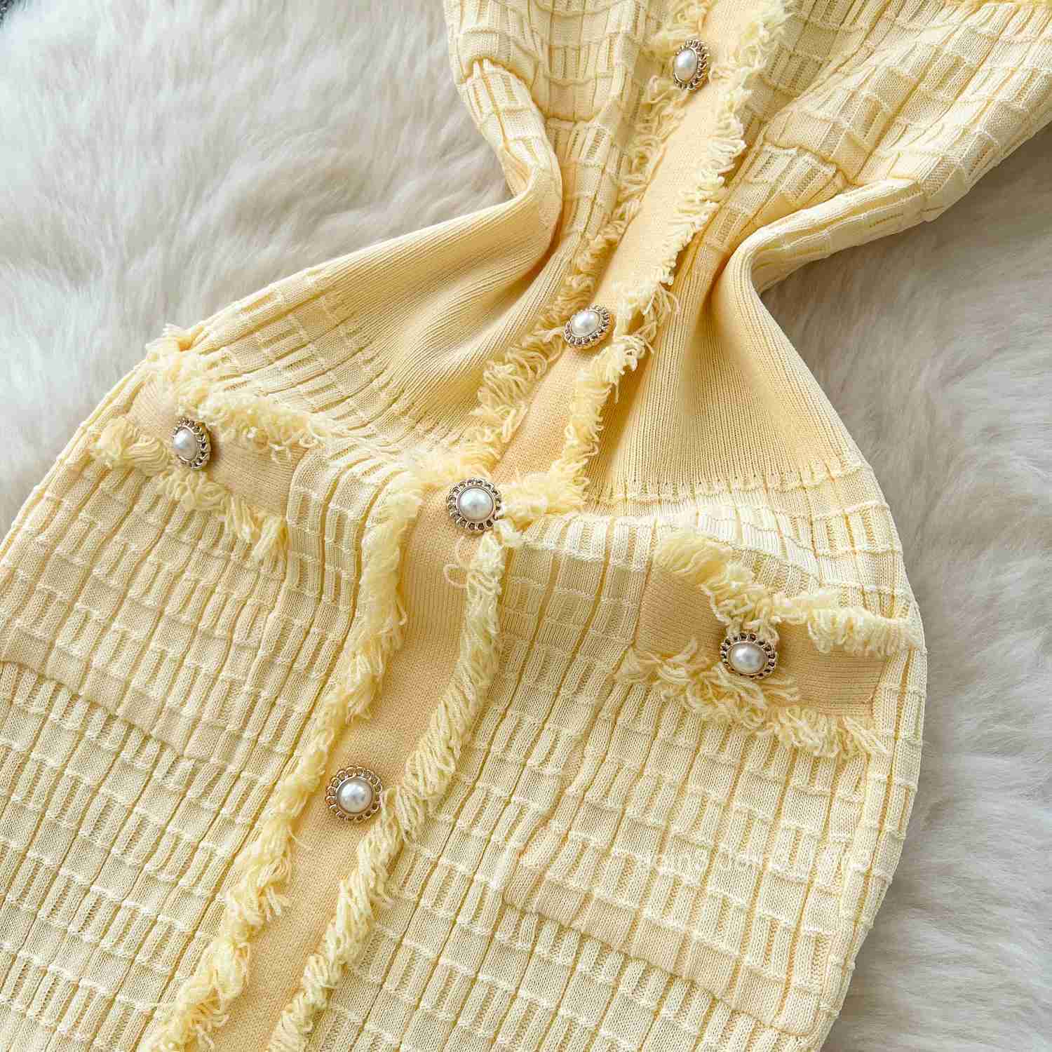 Womens Fashion V-Neck Button Knit Sweater Dress Summer Elegant Short Sleeve Solid Color Midi Casual Sheath Dress Yellow