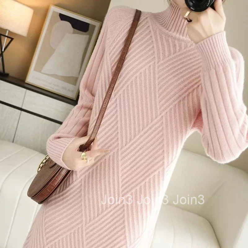 Abrini Autumn Winter Women Wool sweater Dress Mock Neck Ribbed Solid Knit Dresses Elegant Lady Party Bottoming Cashmere Vestidos