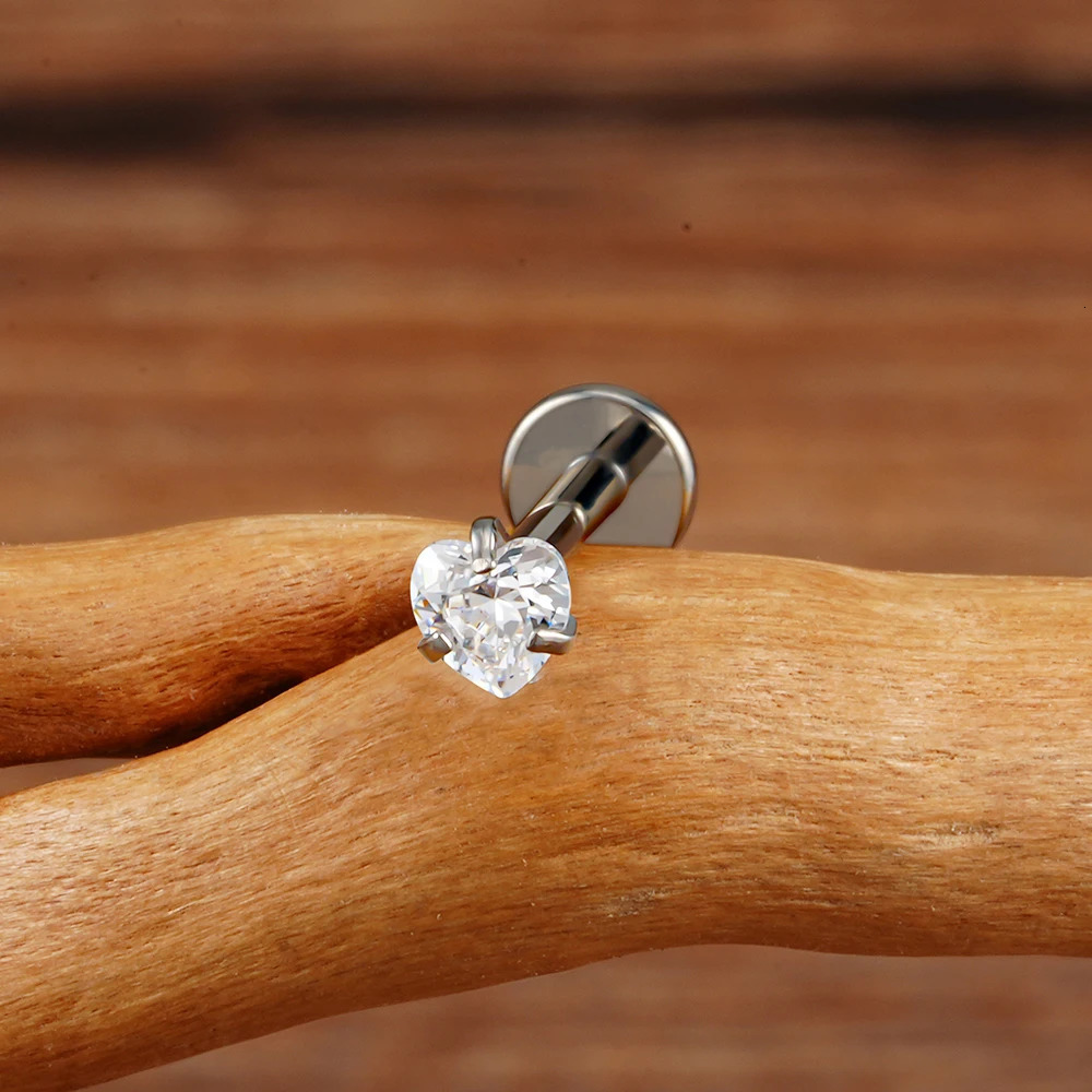 Right Grand ASTM 36 16G Heart CZ Internally Threaded Flat Back Labret Cartilage Tragus Helix Nose Stud Piercing 250805