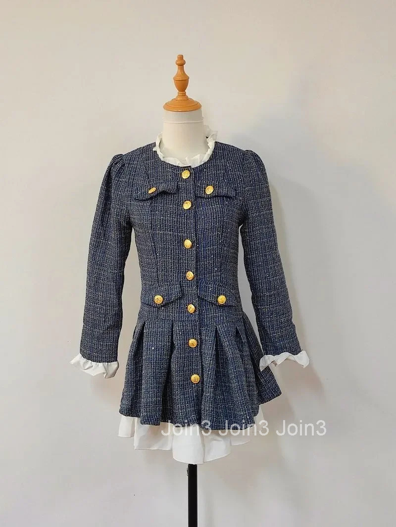 French Tweed Splice Pleated Dress Women Korean Flounce Single Breasted Fashion Shiny Temperament Gentle Waist Slim Spring Wear