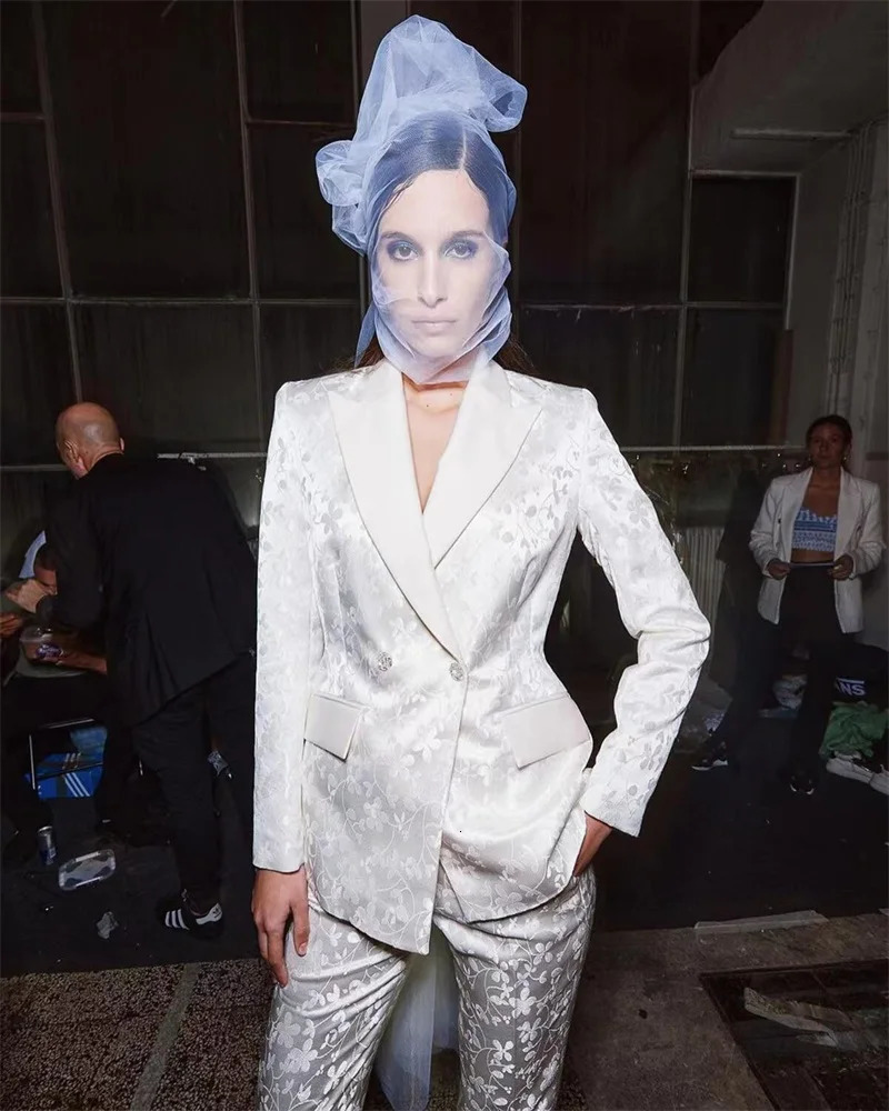 White Jacquard Women Suits Peaked Lapel Jacket Bridal Wedding Tuxedo Formal Party Evening Tailored Made Prom Dress 250806