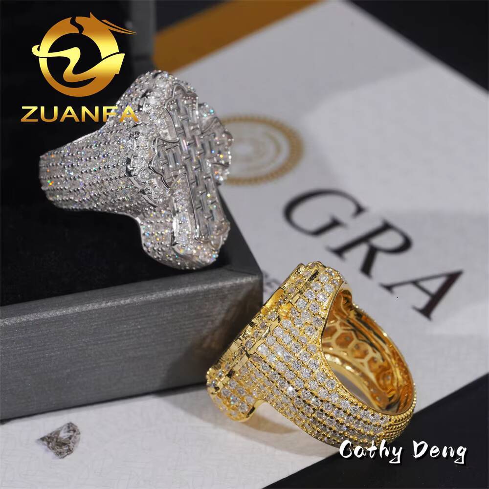 Hot Sale Instock Iced Out Cross Moissanite Diamond Rings 925 Sterling Silver Hip Hop Ring Pass Diamond Tester Men Cuban Ring