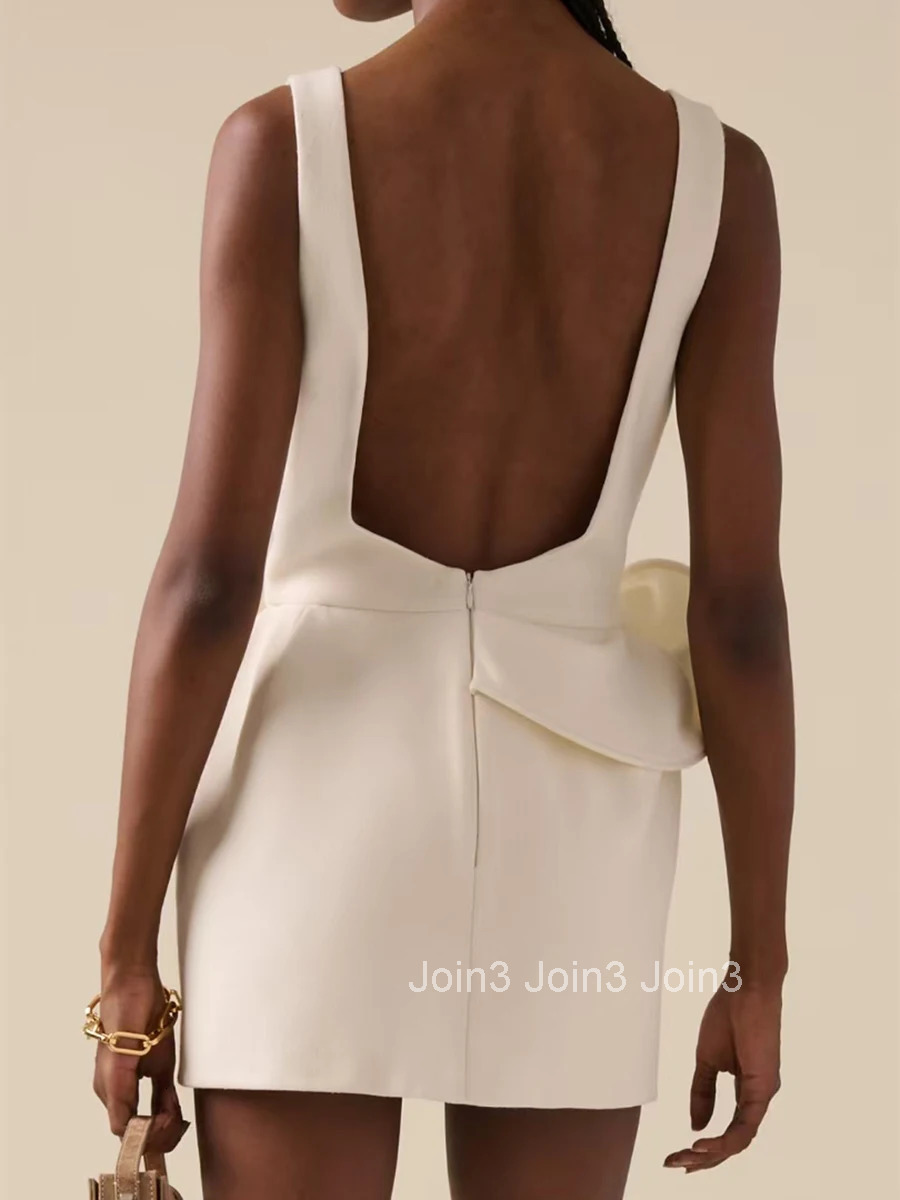 Solid Spliced Appliques Elegant Mini Dresses For Women Round Neck Sleeveless High Waist Minimalist Dress Female New