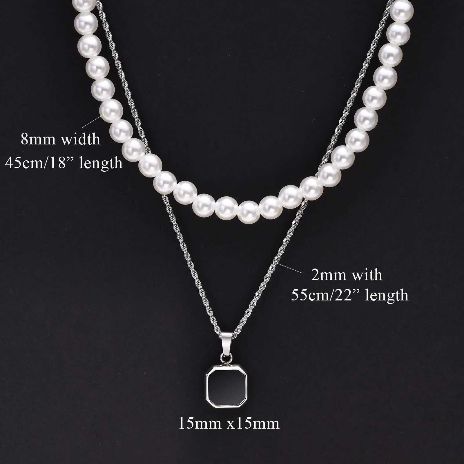 2pcs Necklace Set for Men Geometric Square Pendant with 55cm Rope Box Cuban Chain Simulated Pearl Chain Steel Necklace Y250805