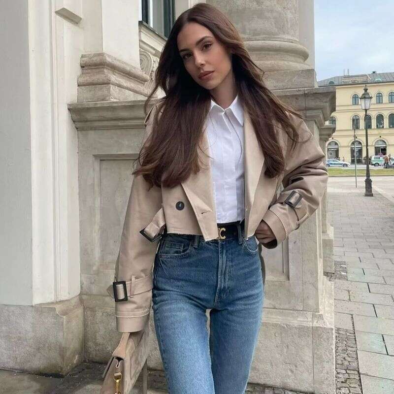 Women's Short Cut Windbreaker Belt Coat Jacket Women Spring