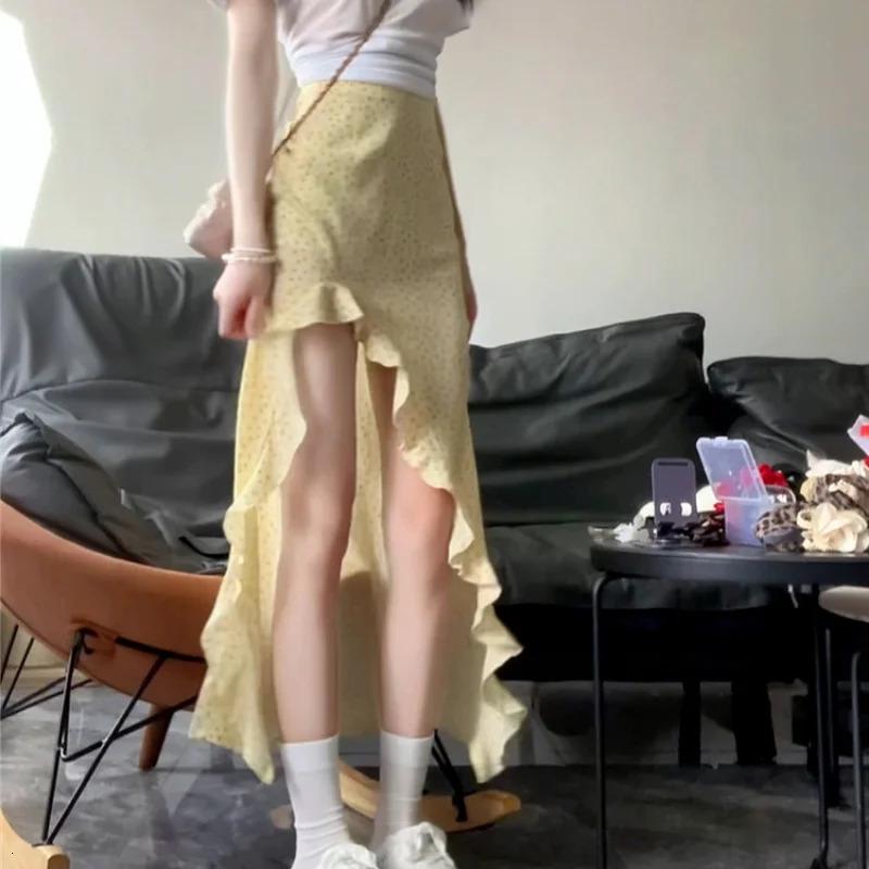 Ruffled Floral Skirt for Women Summer Mid Long High Waist Skirt Red Irregular Sexy Split Skirt Fashion Beachwear Y2k Clothing 250806