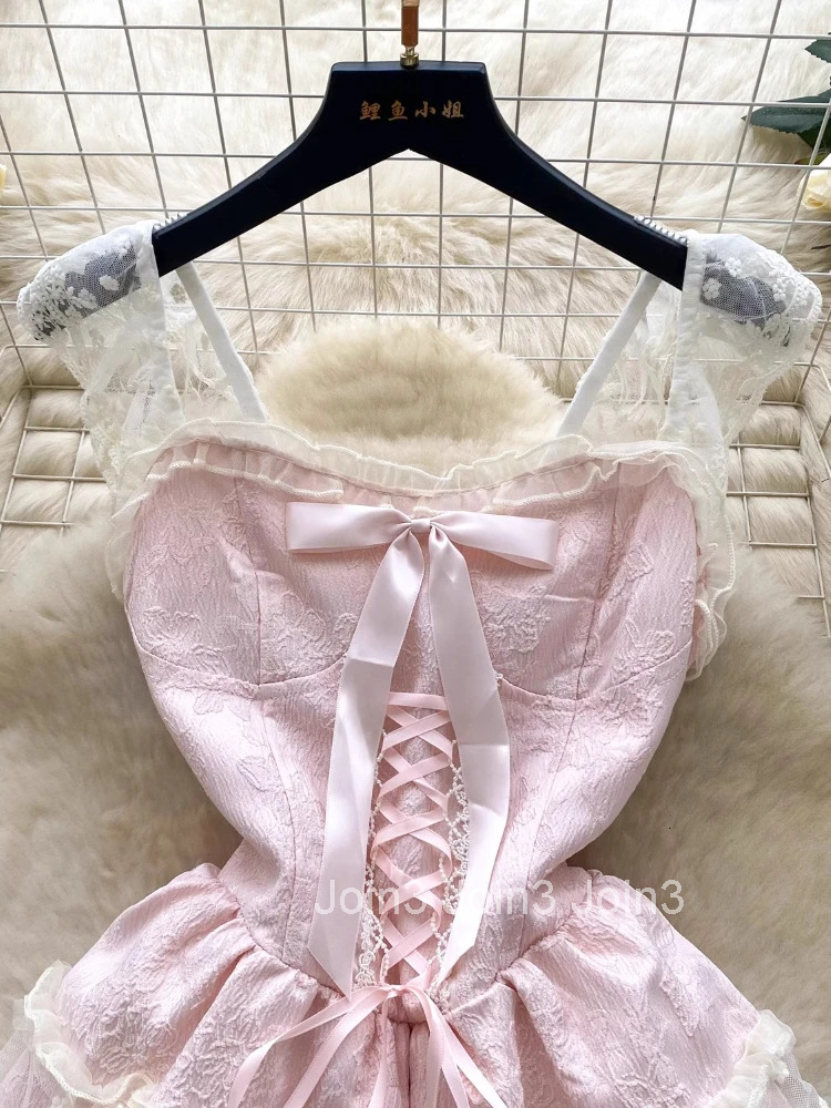 Japanese Sweet Lolita Jsk Dress Women Elegant Ruffles Lace Bandage Princess Strap Dresses Girls Y2k Kawaii Tea Party Mini Dress