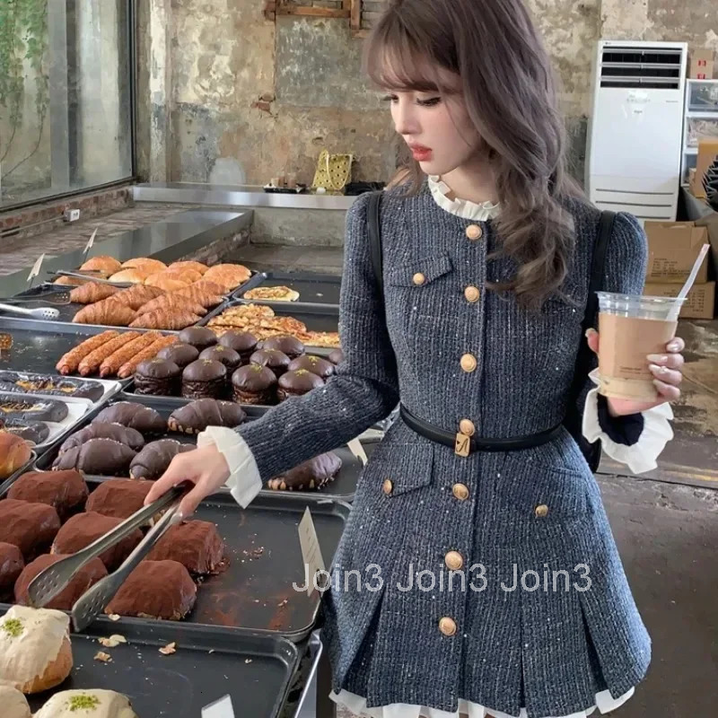 French Tweed Splice Pleated Dress Women Korean Flounce Single Breasted Fashion Shiny Temperament Gentle Waist Slim Spring Wear