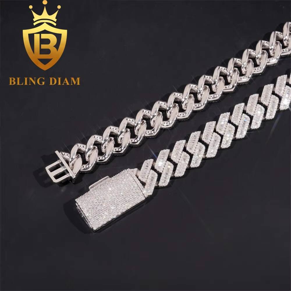18mm Men's Ice Crack Miami Hip Hop Necklace 925 Sterling Silver Moissanite Rectangular Cut Cuban Link Neck