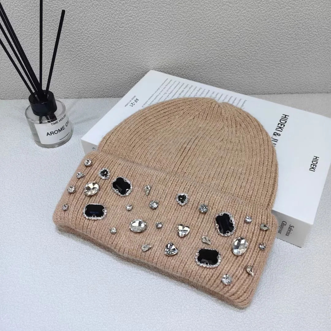 Winter lady warm thick beanie cap 7colors fashion rhineston solid casual Knitted hat women Angora wool cap windproof Versatile 250730
