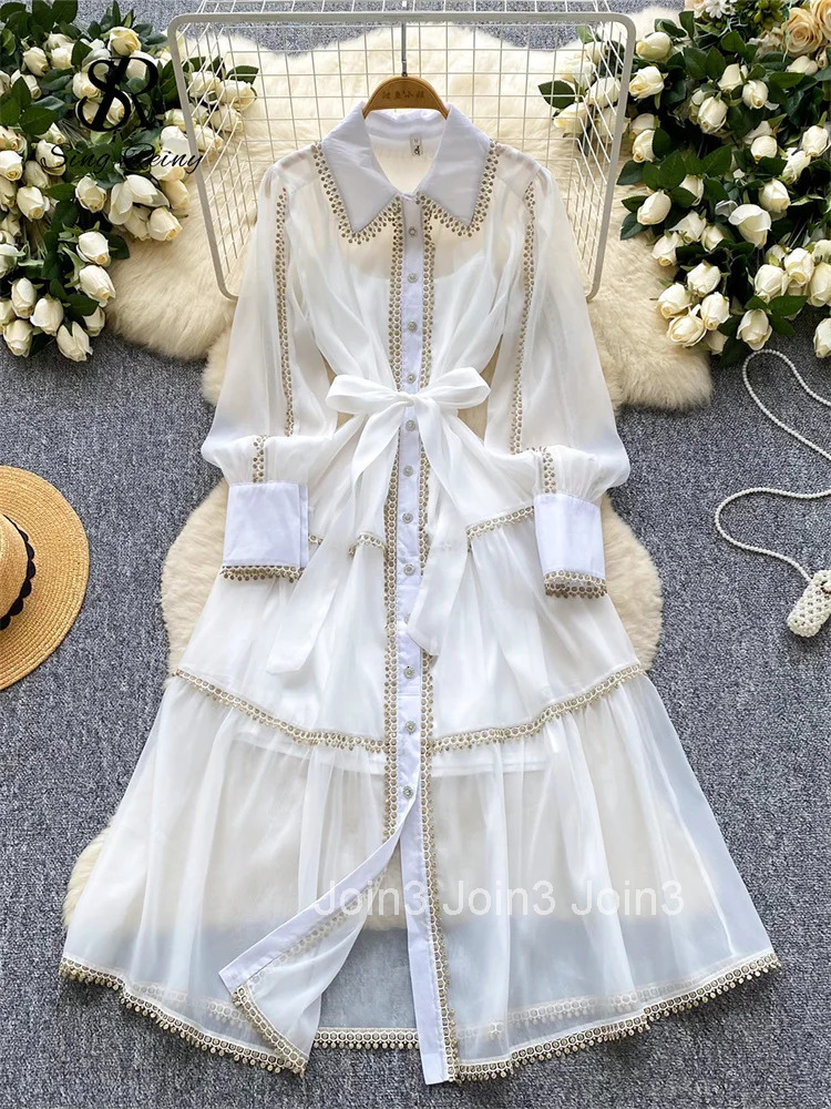 HIgh Quality Luxury Vintage Long Dress Female Lapel Long Sleeves Court Design French Retro Sheer Lace Chiffon Dress