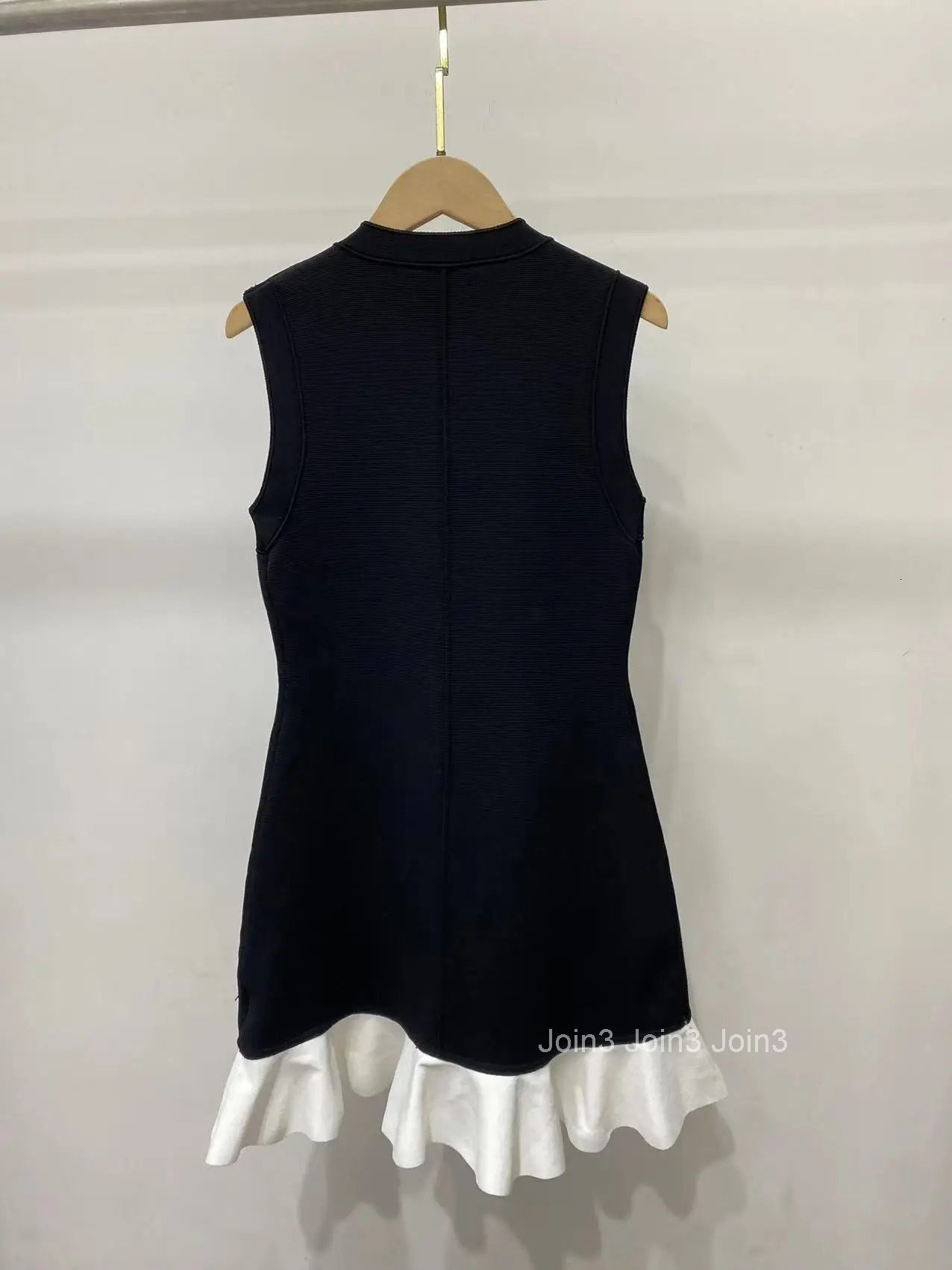 Black Women Sleeveless Ruffles Knit Robe Shoulder Buttons Round Neck Female Elegant Mini Dress Spring Summer