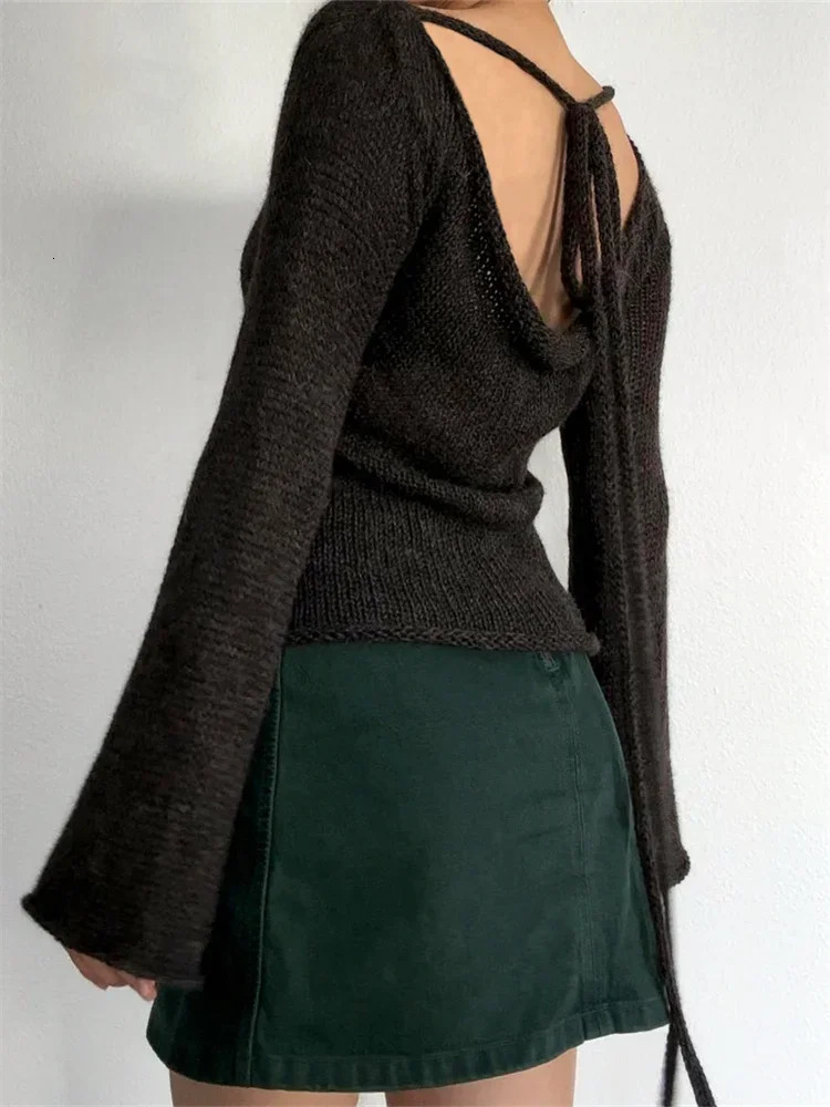 Women Sweater Backless Tie-up Long Sleeve Pullover Knit Tops See Through Beach Sexy Casual Loose Shirts Y2K Aesthetic Clothes 250806