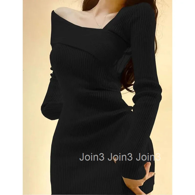 Knitted Dress Women Autumn Winter Long Sleeved Sexy Off Shoulder Stretch Sweater Solid Elegant Skinny Chic Korean Lady Dress