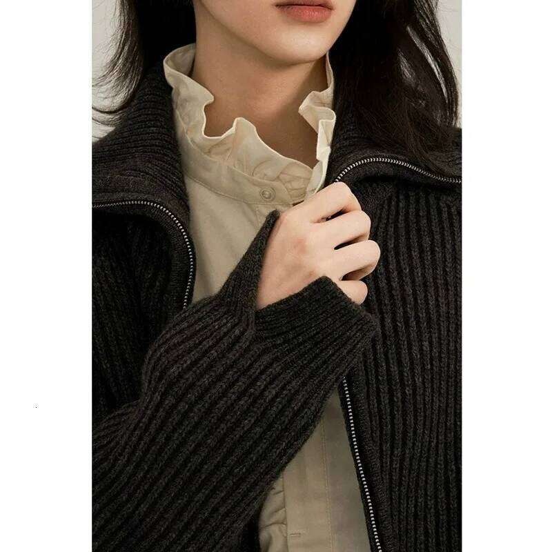 European Station Double Zipper 100% Pure Cashmere Coat Women's Half Open Large Lapel Black Knit Sweater Cardigan 250806
