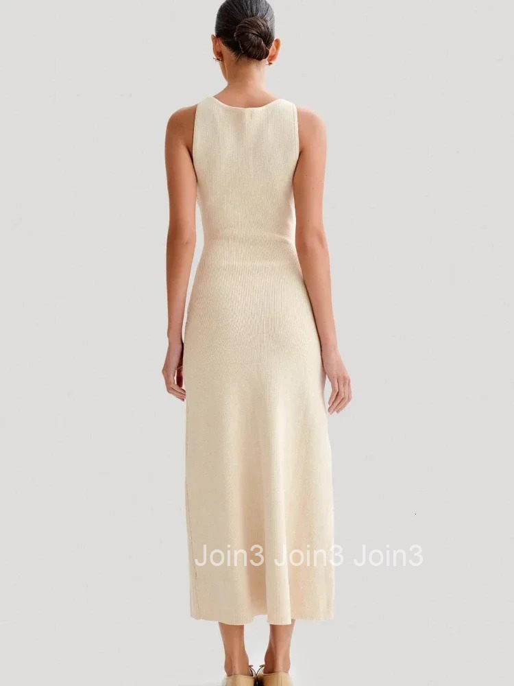 CPSYMYM Elegant Lady Knitted Single Breasted Long Dresses Women Solid Sleeveless O Neck Button Bodycon Party Female Vestidos