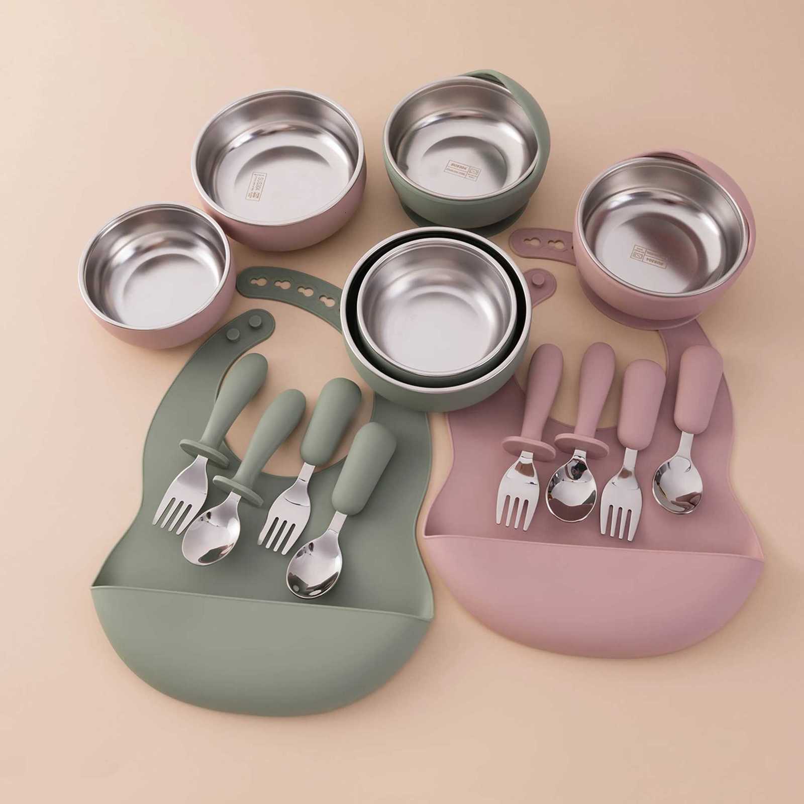 8PCS Baby Feeding Set Stainless Steel Silicone Tableware With Detachable Bowl Plate Bib Safe For Infant Weaning Food Dishes X250806