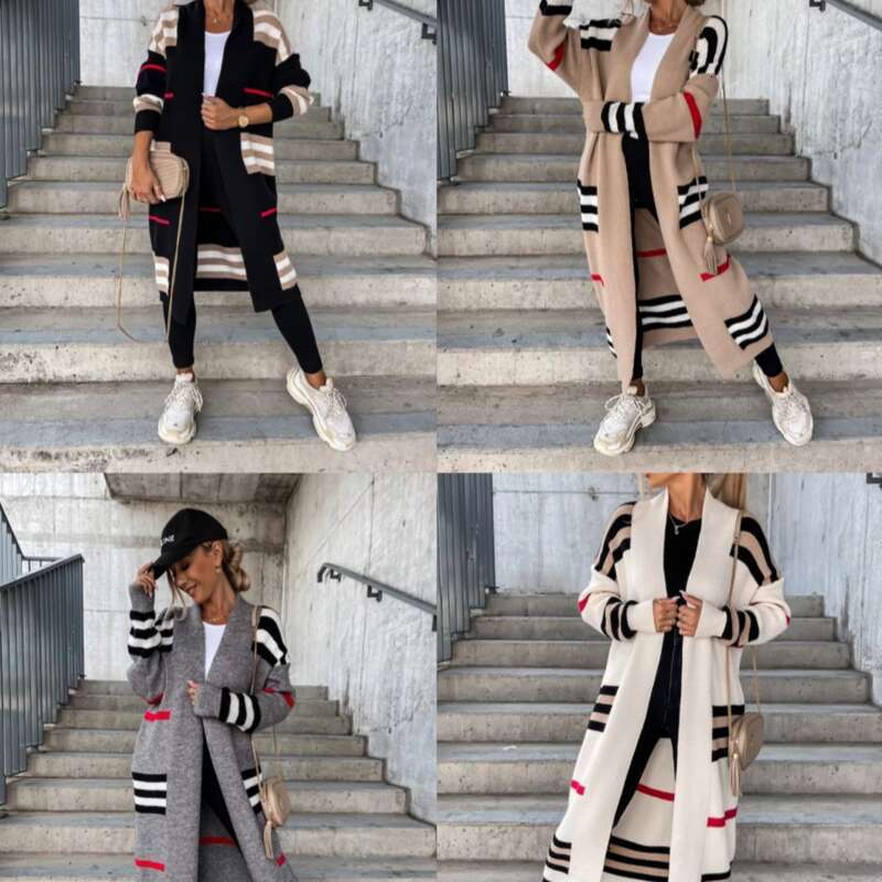 Women's long striped knit cardigan sweater