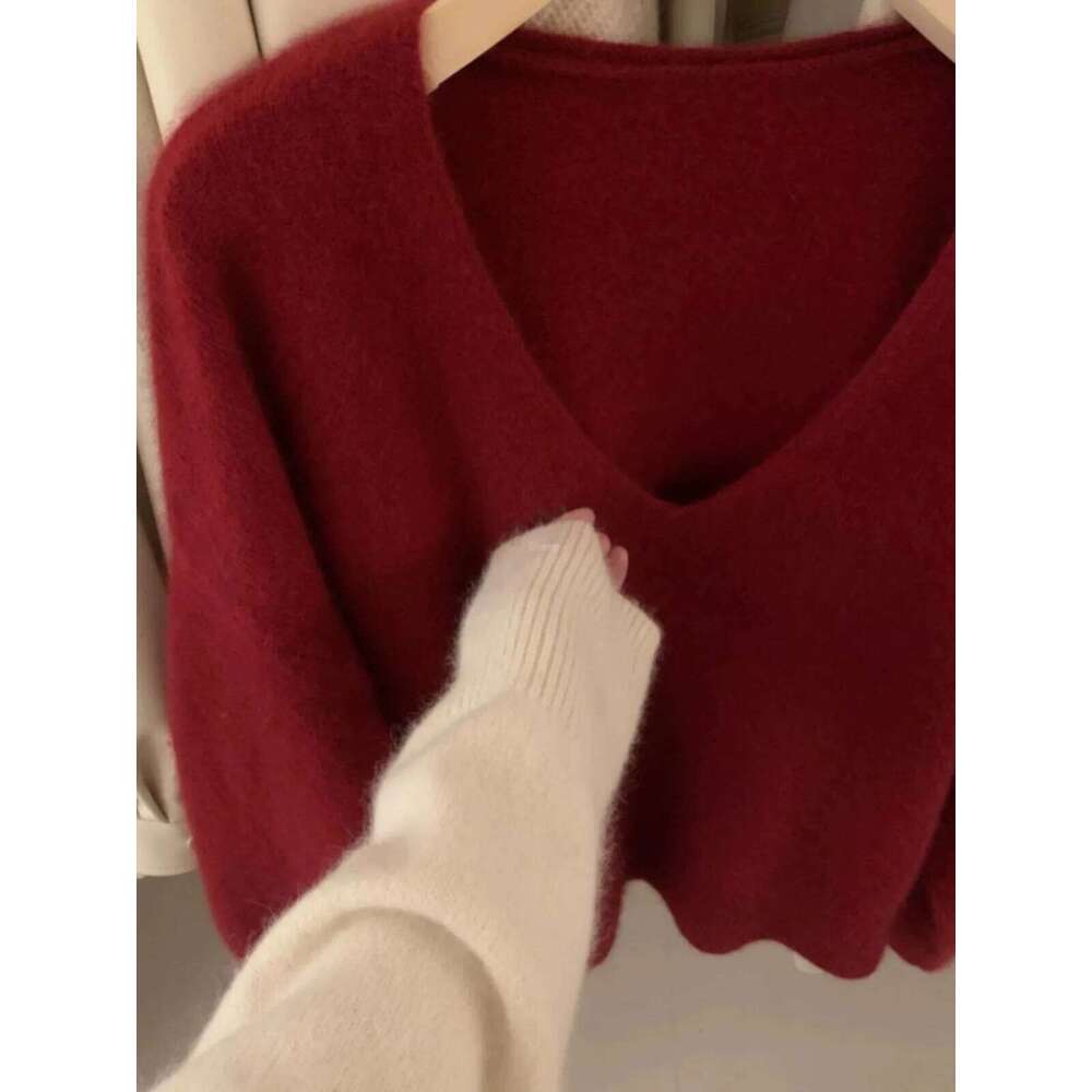 Foreign Style V-Neck Pure Cashmere Women Lazy Loose Knit Sweater Korean Version Of Thin Wool Base Shirt Top 250806
