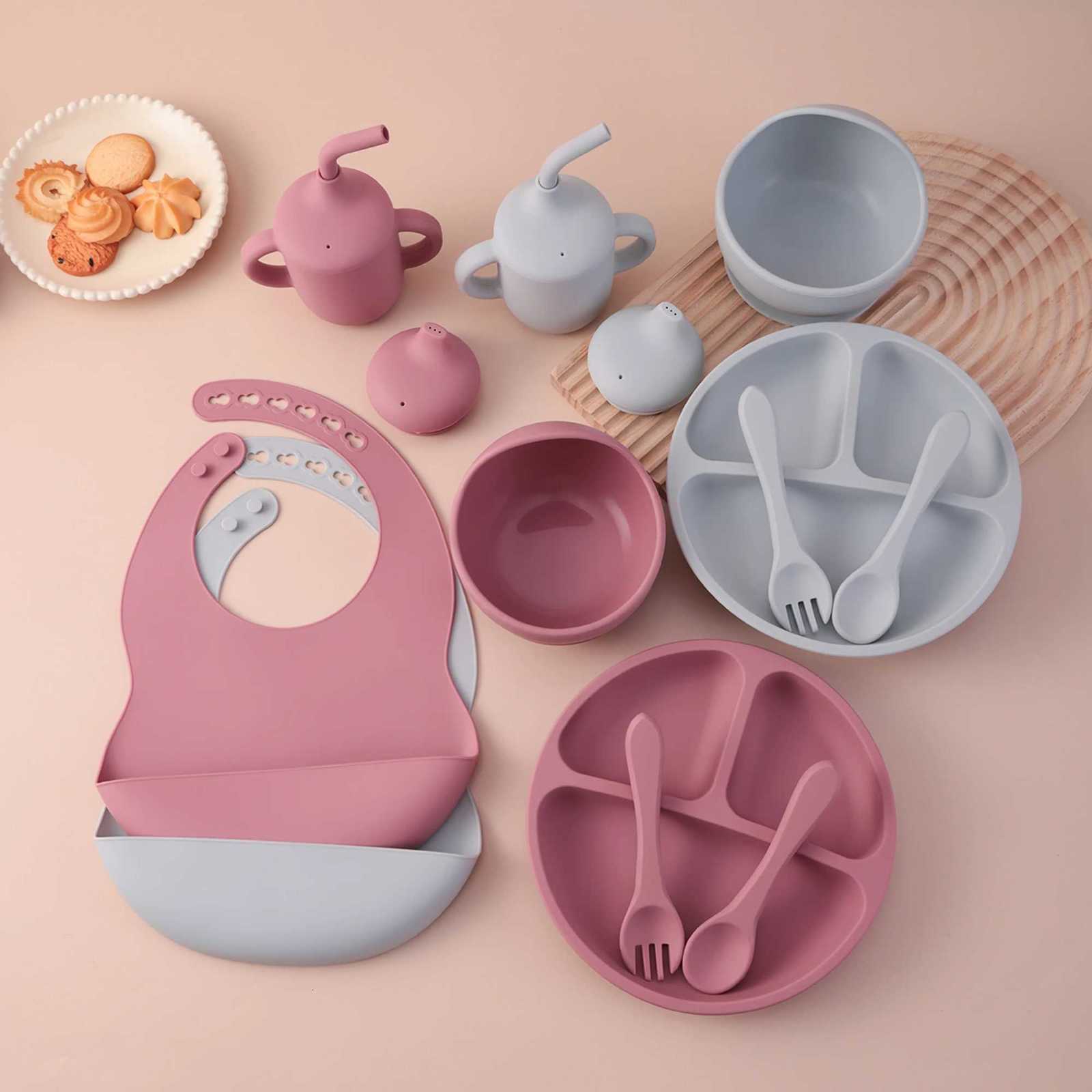 6PCS Silicone Feeding Set for Kids Color Divided Plates Sippy Cup Training Eating Cutlery Strong Suction Bowl BPA Free Tableware Set X250806
