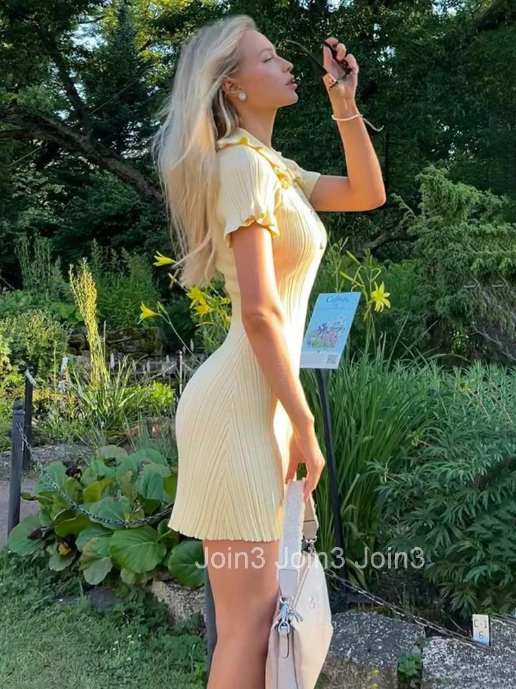 High Waist Ruffled Mini Dresses For Women Summer Short Sleeve Knitted Slim Fit Dress Womens Vintage Dress Woman Elegant