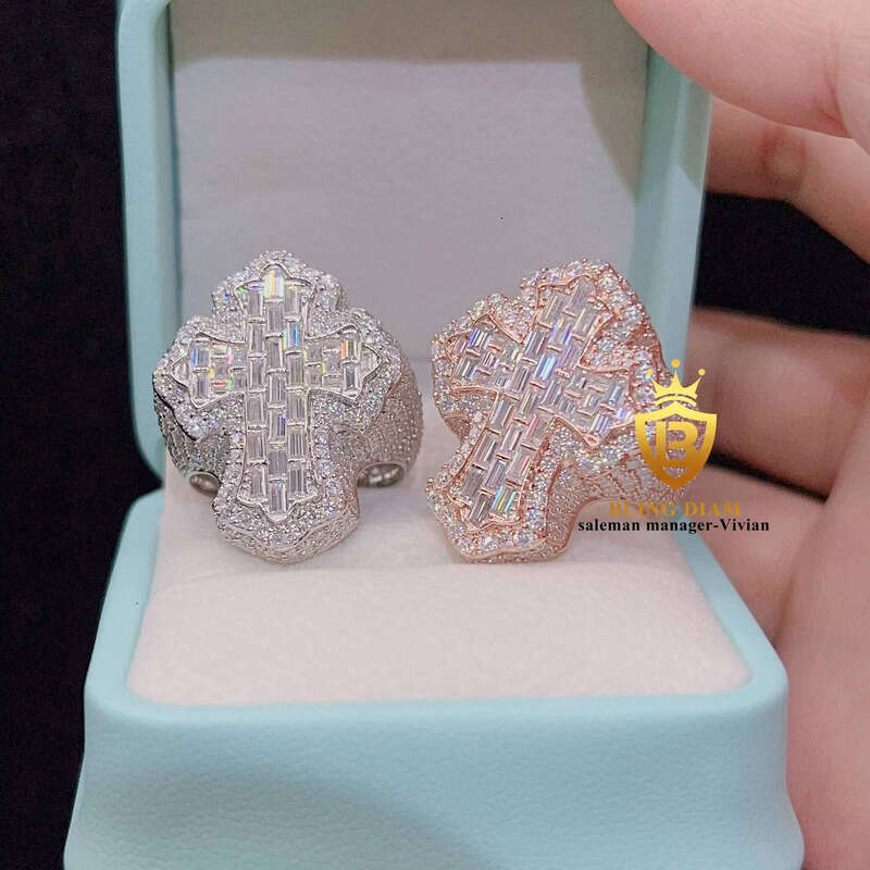 Wholesale Price Factory Direct Sale Fine Hip Hop Jewelry Gold Plated Sier Moissanite Cross Ring