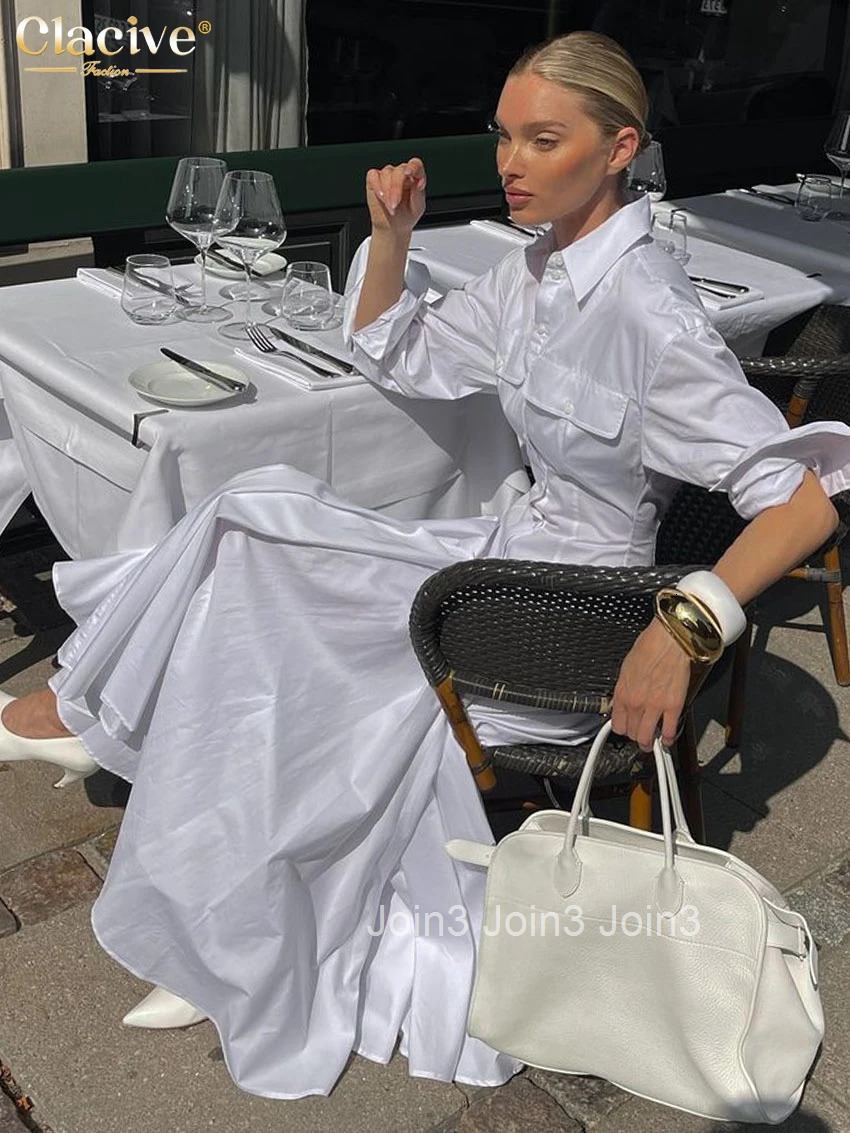 Clacive Fashion Loose White Cotton Dress Lady Casual Lapel Long Sleeve Ankle Length Dress Elegant Classic Dresses For Women