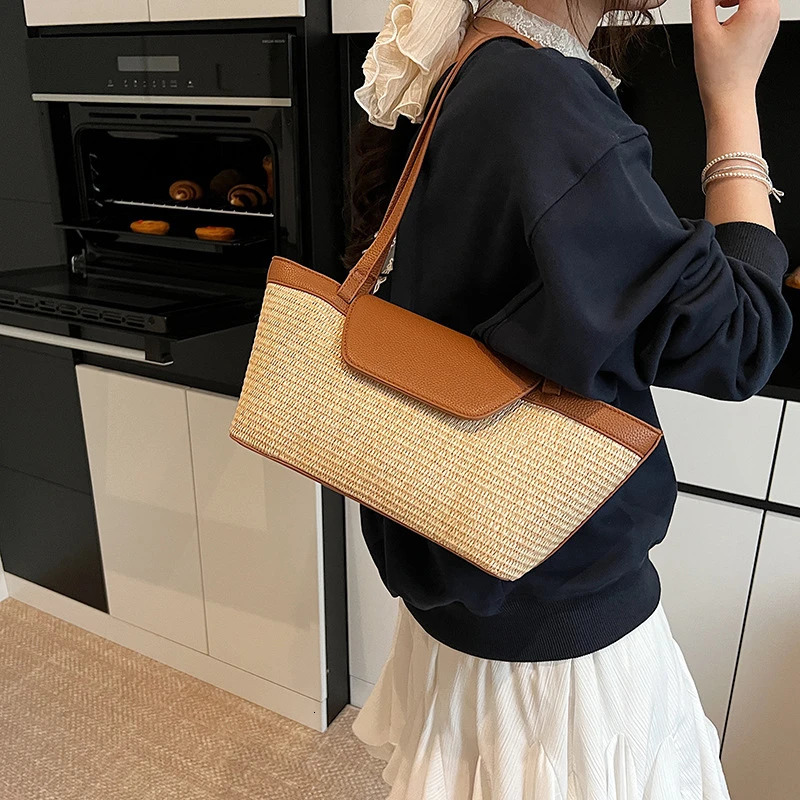 Fashion Women Shoulder Bag PU Woven Patchwork Stick Large Capacity Tote Casual Contrasting Color Handbag 250805