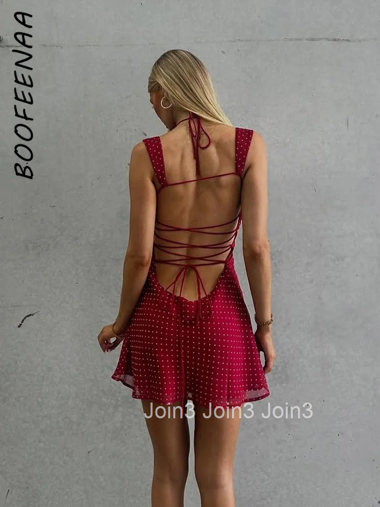 BOOFEENAA Polka Dot Print Chiffon Summer Dress for Women Sexy Lace Up Sleeveless Backless Mini Dresses Elegant C92-CG16