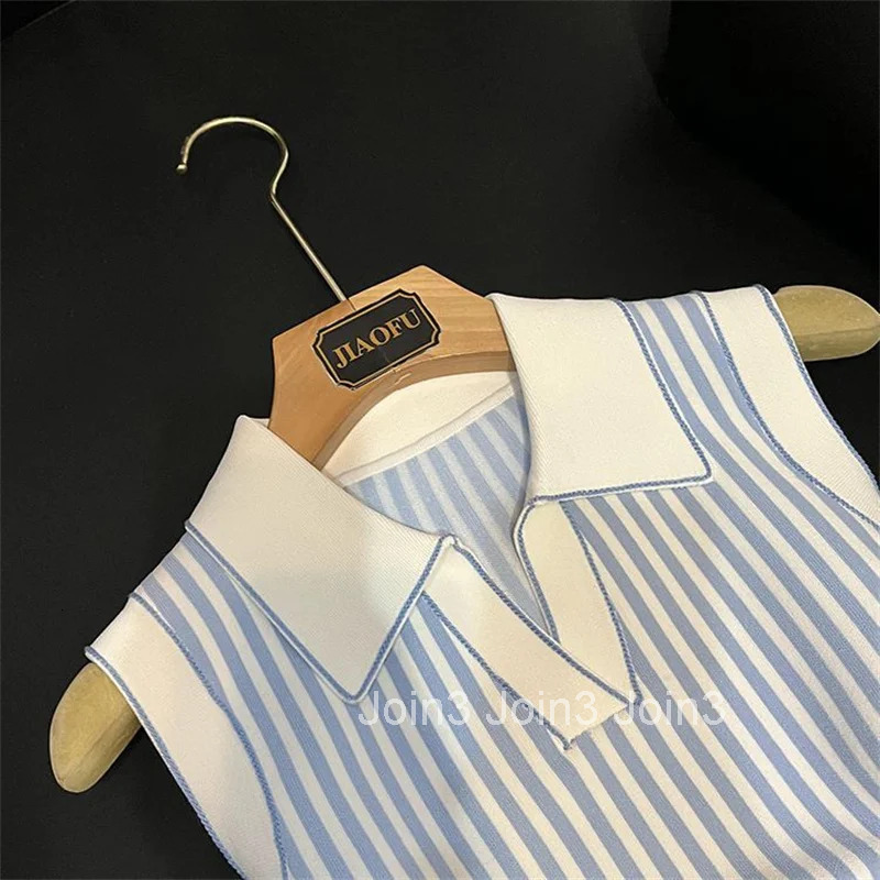Summer Patchwork Tank Knit Dress Elegant Women Turn Down Collar Elatic Waist Bodycon Sundress Fashion Stripes Long Vestidos 038A