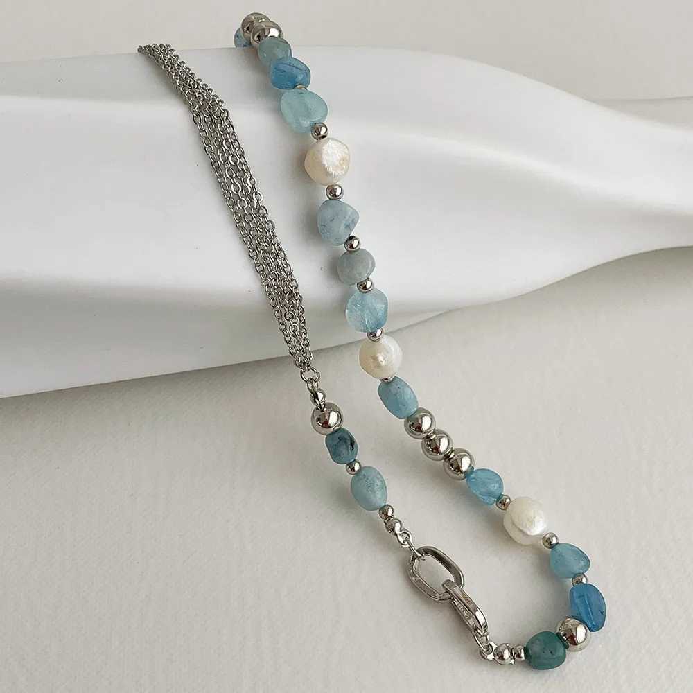 Kashmir Natural Stone Blue Crystal Necklace Baroque Natural Freshwater Pearl Niche Design Feeling Fresh Clavicle Chain Women Y250805