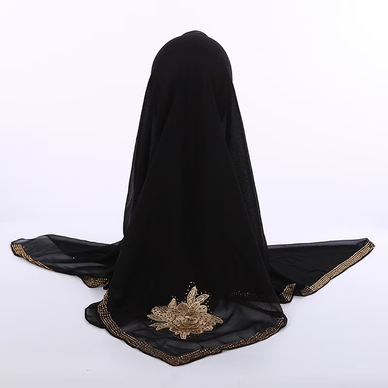 T1404 Pearl Chiffon Hot Diamond Embroidery Square Scarf Gauze Hijab Scarf