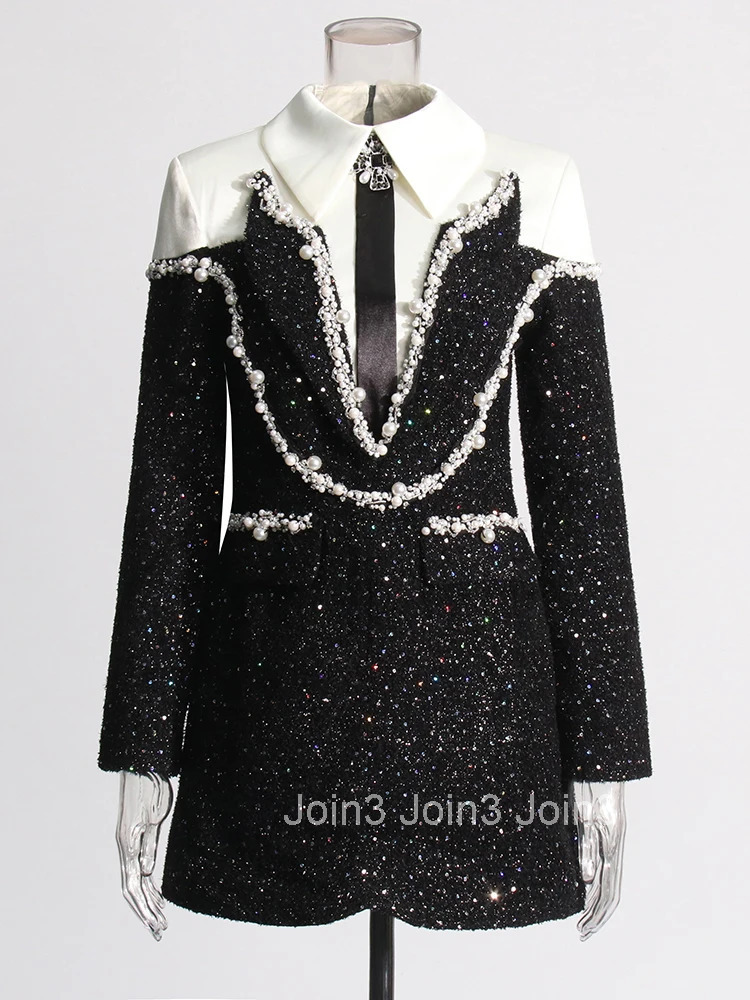 Elegant Hit Color Dresses For Women Lapel Long Sleeve High Waist Patchwork Sequins Mini Dress Female Fashion