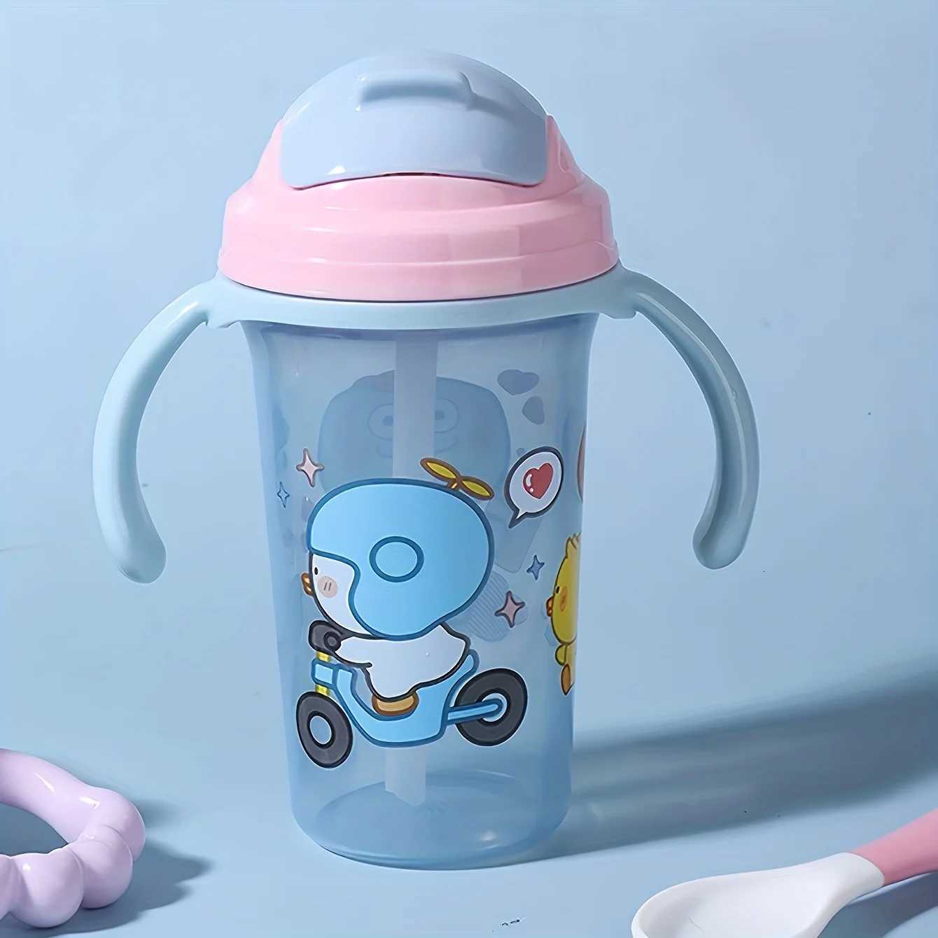 300ML Water Bottle Learning Drinking Cup with Straw Cover and Handle X250806